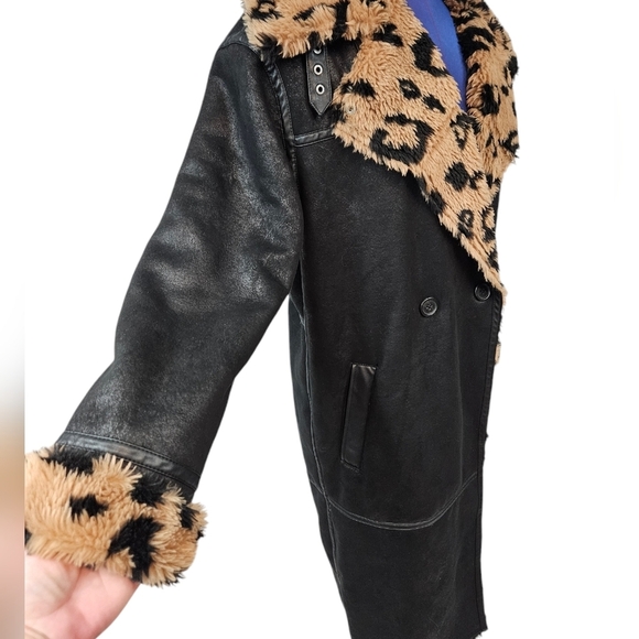 Avec Les Filles Crackle Faux Suede Animal Print Sherpa Midi Coat Size Medium - Picture 5 of 11